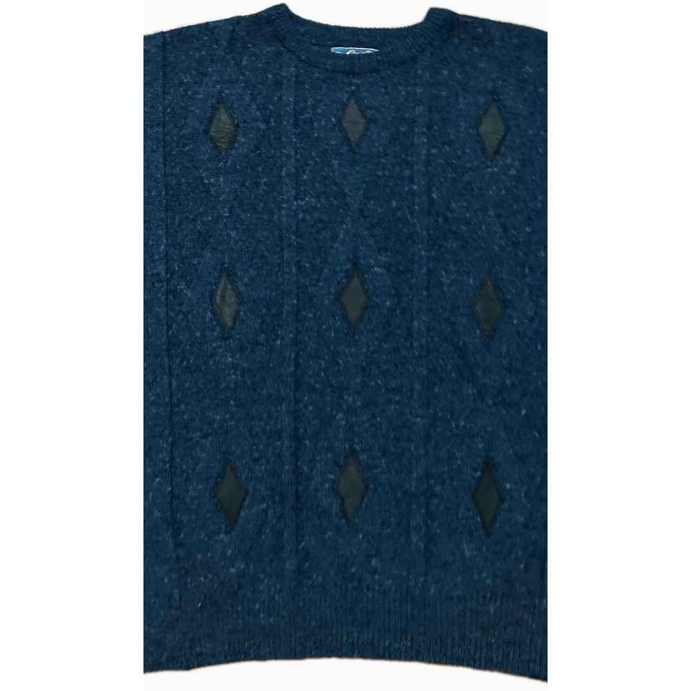 True Vintage 80s Wool Blend Sweater Leather Diamonds Abstract Sweater Mens Large